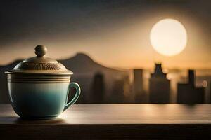 un café taza se sienta en un mesa con un ciudad en el antecedentes. generado por ai foto