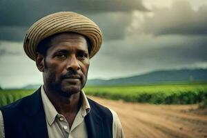 a man in a hat stands in front of a field. AI-Generated photo