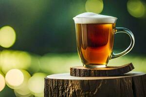 a glass of beer on a wooden stump. AI-Generated photo