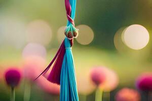 colorful tassel hanging from a tree in front of pink flowers. AI-Generated photo