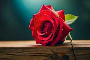 a single red rose on a wooden table. AI-Generated photo