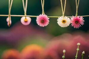 pink flowers hanging from a clothesline. AI-Generated photo