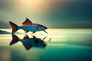 a fish is standing on the water with its reflection. AI-Generated photo