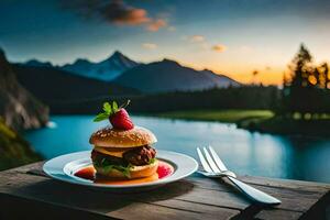 a burger on a plate with a fork and knife in front of a lake. AI-Generated photo
