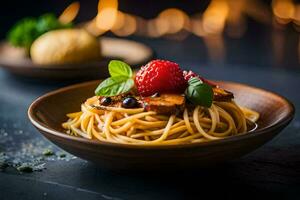 spaghetti with berries and basil on a dark table. AI-Generated photo