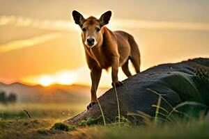 un perro en pie en parte superior de un rock en el puesta de sol. generado por ai foto