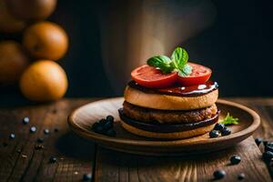 a hamburger with tomato, lettuce and blackberries. AI-Generated photo