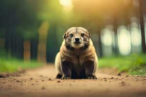 un pequeño animal sentado en el suelo en el medio de un bosque. generado por ai foto