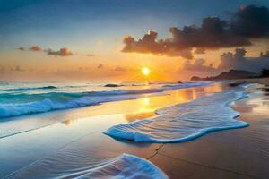 the sun rises over the ocean and waves on the beach. AI-Generated photo