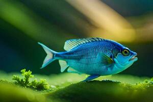a blue fish is standing on top of a green mossy surface. AI-Generated photo