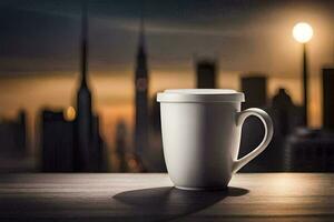 coffee cup on a table in front of a cityscape. AI-Generated photo