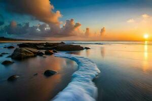 a beautiful sunset over the ocean with waves crashing on the shore. AI-Generated photo