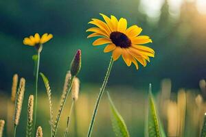 yellow flower in the field with green grass. AI-Generated photo