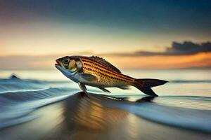 un pescado es en pie en el playa a puesta de sol. generado por ai foto