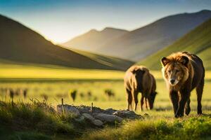 two lions walking in the grass near mountains. AI-Generated photo