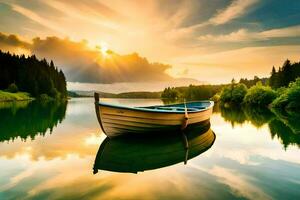 un barco en el lago a puesta de sol. generado por ai foto