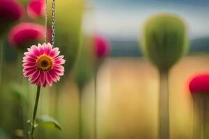 a pink flower is hanging from a chain. AI-Generated photo