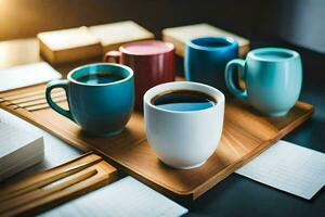 coffee cups on a tray. AI-Generated photo