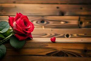 a single red rose on a wooden table. AI-Generated photo