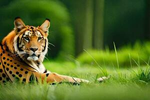 a tiger is sitting in the grass. AI-Generated photo