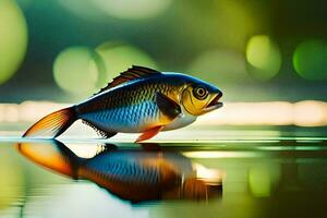 a fish is standing on the water with its reflection. AI-Generated photo