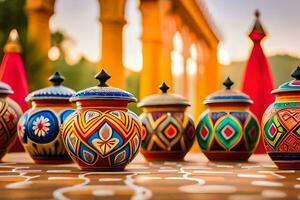 colorful pots on a table with a sunset in the background. AI-Generated photo