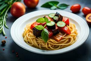 spaghetti with meat and vegetables on a plate. AI-Generated photo