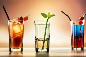 three different types of alcoholic drinks in glasses. AI-Generated photo