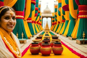 a woman in traditional indian dress standing in front of colorful curtains. AI-Generated photo