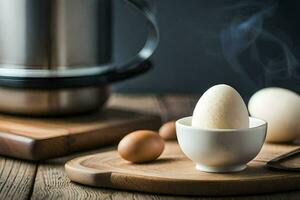 eggs in a cup on a table next to a kettle. AI-Generated photo