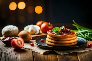 pancakes with tomato sauce and mushrooms on a plate. AI-Generated photo