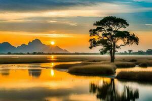 un árbol soportes en el medio de un lago a puesta de sol. generado por ai foto