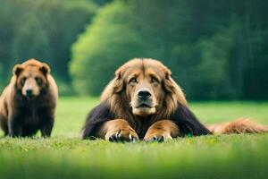 two large brown lions laying in the grass. AI-Generated photo