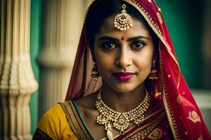 a beautiful indian woman wearing a red sari. AI-Generated photo