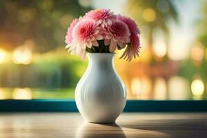 un florero con rosado flores sentado en un mesa. generado por ai foto