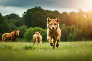 un grupo de perros corriendo en el césped. generado por ai foto