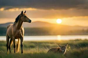a horse and a deer are standing in the grass at sunset. AI-Generated photo