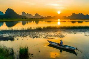 a man in a boat on the river at sunset. AI-Generated photo