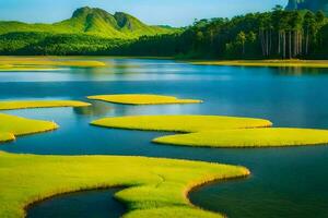 the green marshland in the middle of the lake. AI-Generated photo