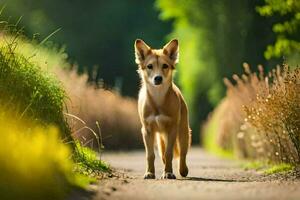 a small brown dog is walking down a path. AI-Generated photo