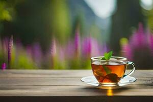 a cup of tea on a wooden table in the garden. AI-Generated photo