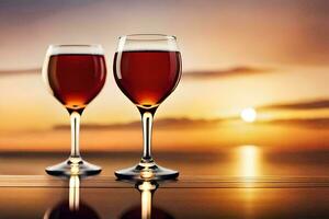 two wine glasses with red wine on the beach. AI-Generated photo