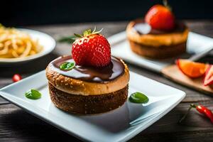 un pequeño tarta de queso con chocolate salsa y fresas generado por ai foto