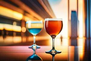 two glasses of wine on a table in front of a city skyline. AI-Generated photo