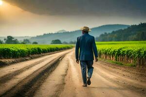 a man in a suit walks down a dirt road. AI-Generated photo