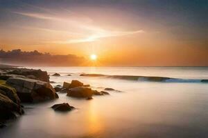 the sun rises over the ocean in this long exposure photograph. AI-Generated photo