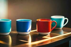 colorful coffee cups on a wooden table. AI-Generated photo