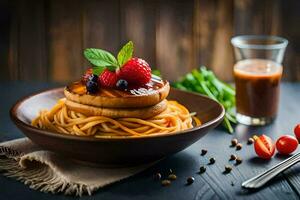 pancakes with berries and tomato sauce on a wooden table. AI-Generated photo