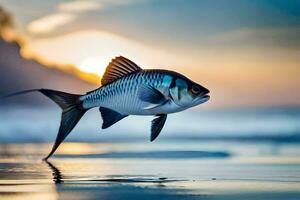 a fish is jumping out of the water at sunset. AI-Generated photo
