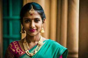 a beautiful indian woman wearing a sari and gold jewelry. AI-Generated photo